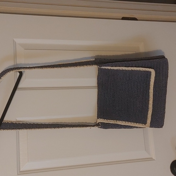 Symphony Designs Handbags - Woven Raffia Crossbody Bag Blue With White Trim Measures 12" L x 11" H x 2" W